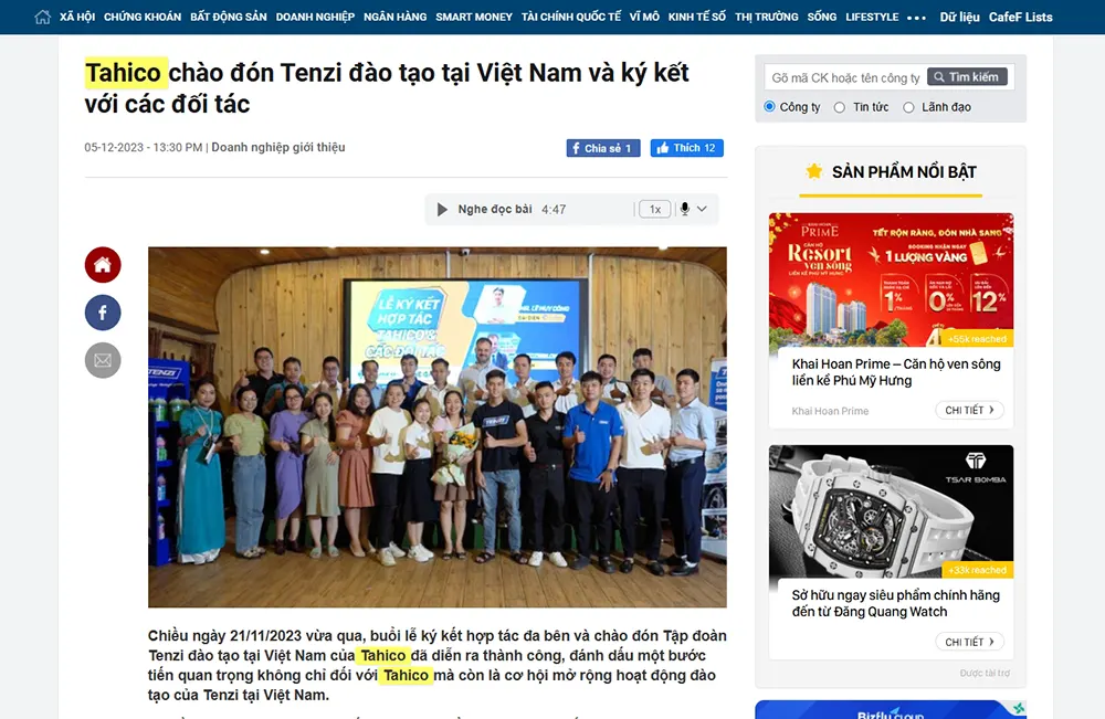 Báo CafeF: Tenzi Hợp Tác Với Tahico Và Đối Tác Khác