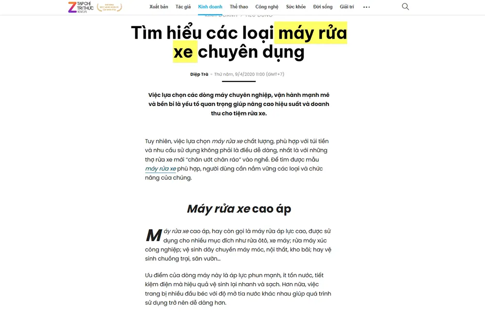 Báo Znews.vn: Cùng Tahico Tìm Hiểu Các Dòng Máy Rửa Xe