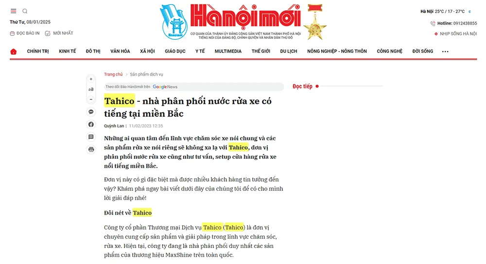 Hà Nội Mới: Tahico Nhà Phân Phối Nước Rửa Xe Miền Bắc