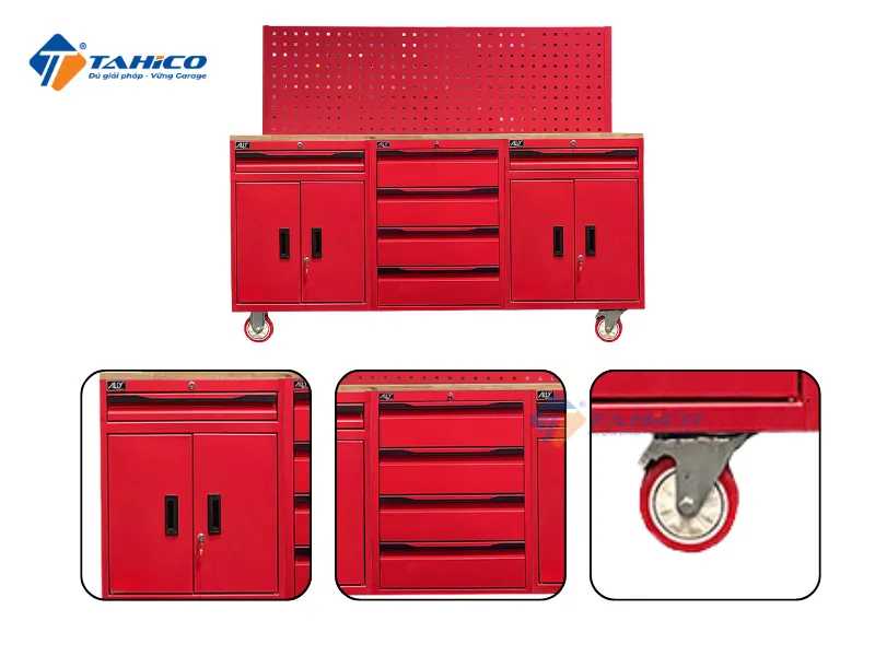 Bộ 3 tủ dụng cụ đỏ ván gỗ Ally QT-HT18 | Có bảng treo đồ nghề