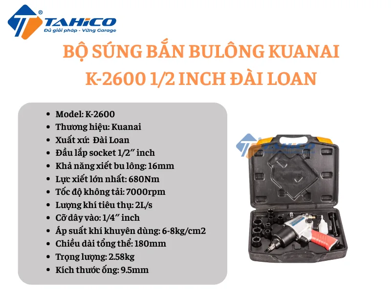 Hình ảnh sản phẩm Bộ súng bắn bulông Kuanai K-2600 1/2 inch Đài Loan