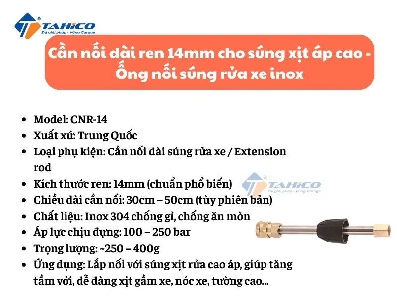 Cần nối dài ren 14mm cho súng xịt áp cao - Ống nối súng rửa xe inox