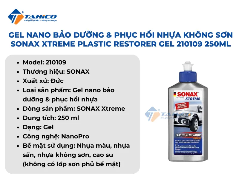 Gel nano bảo dưỡng và phục hồi nhựa không sơn Sonax Xtreme Plastic Restorer Gel 210109 250ml