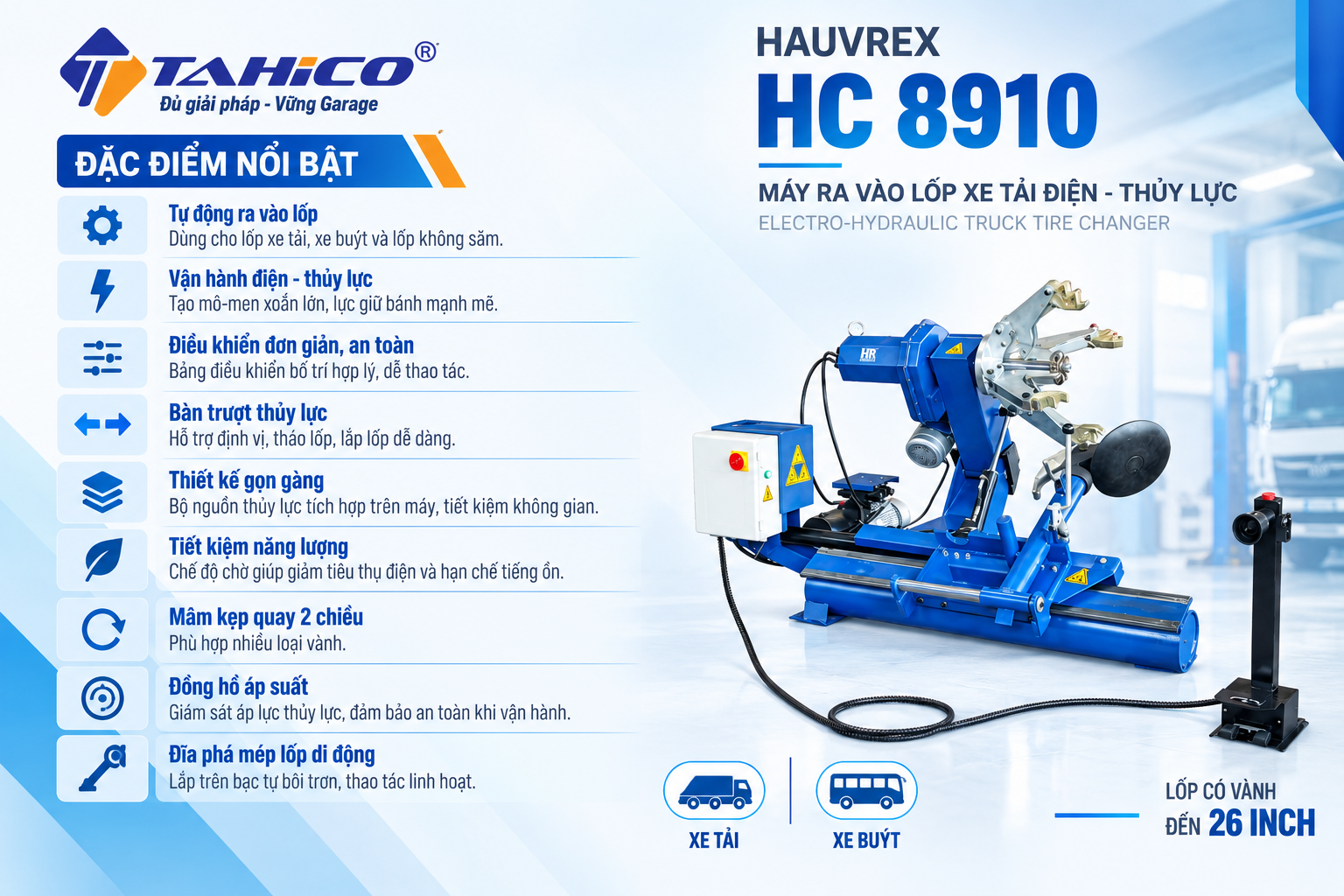 Máy ra vào lốp xe tải thủy lực HC8910