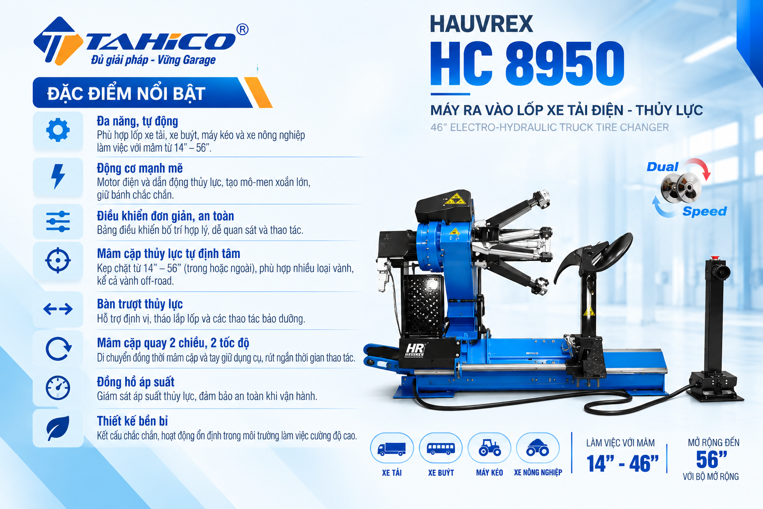 Máy ra vào lốp xe tải thủy lực cỡ lớn 46 inch HC8950