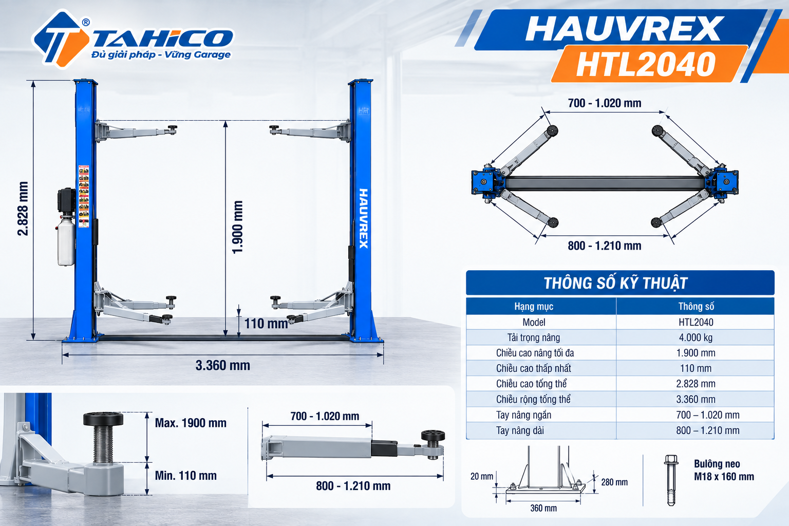 Cầu nâng 2 trụ cáp dưới Hauvrex HTL2040 – Tải trọng 4 tấn