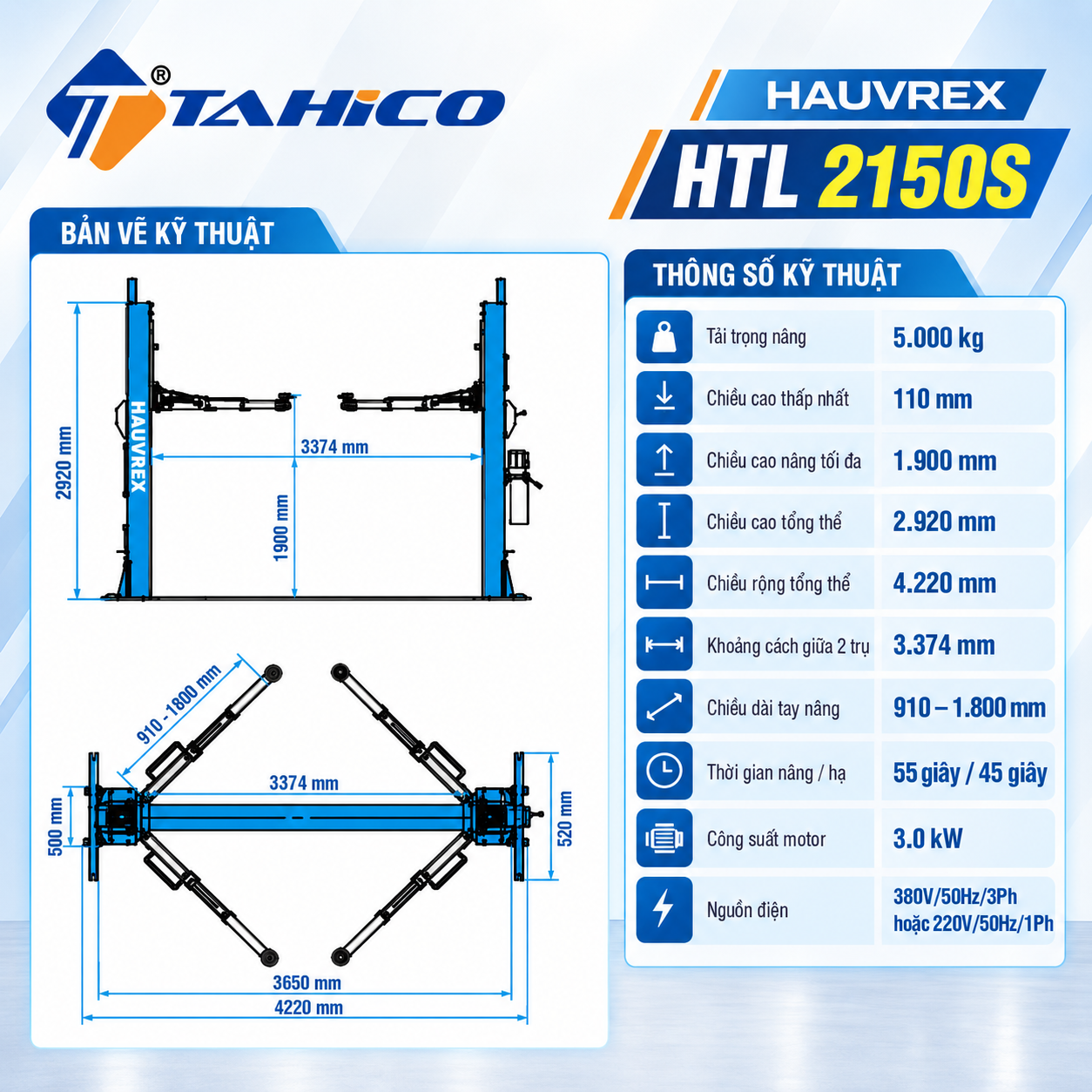 Cầu nâng 2 trụ cáp dưới Hauvrex HTL2150S