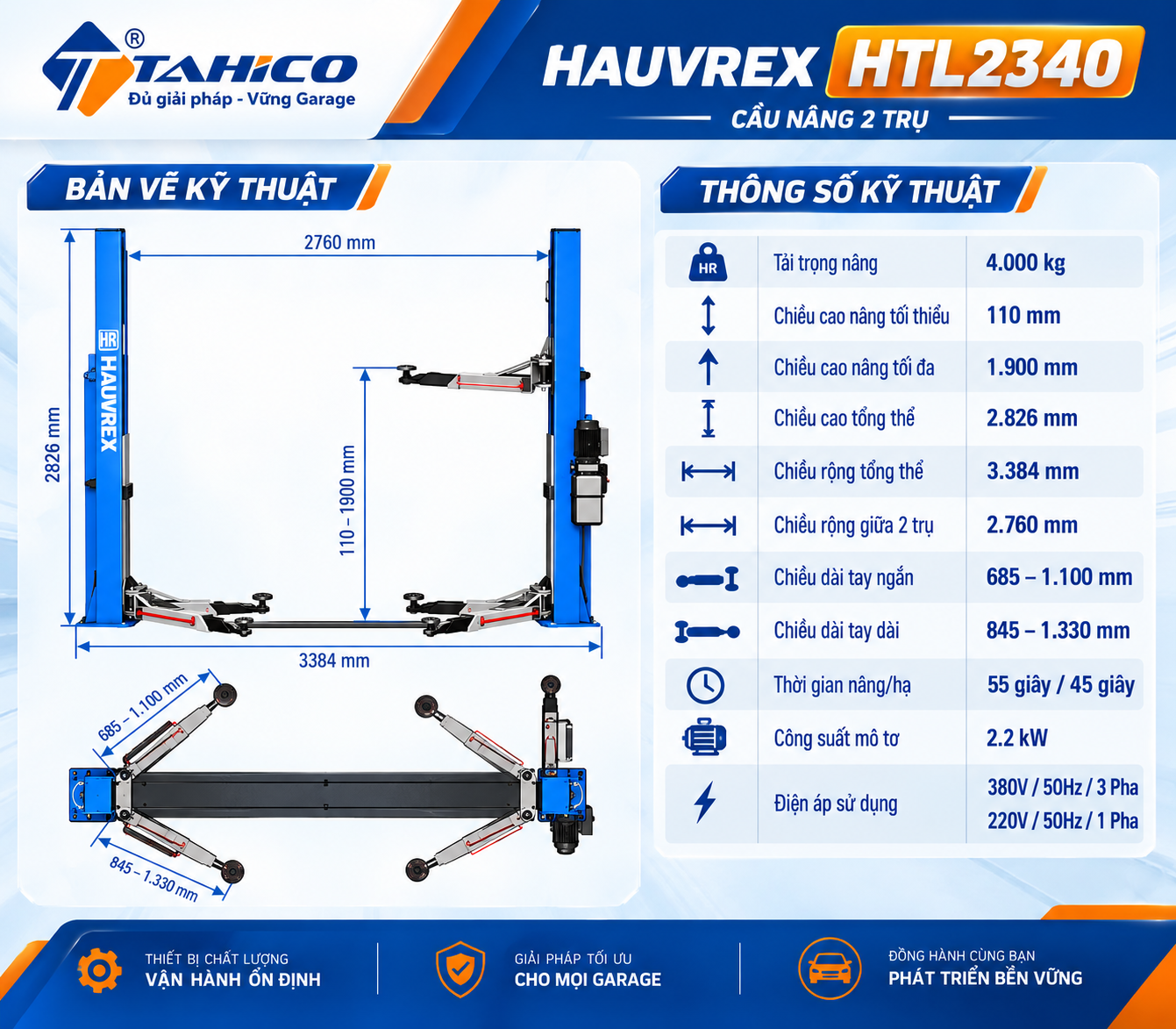 Cầu nâng 2 trụ cáp dưới Hauvrex HTL2340 – Tải trọng 4 tấn