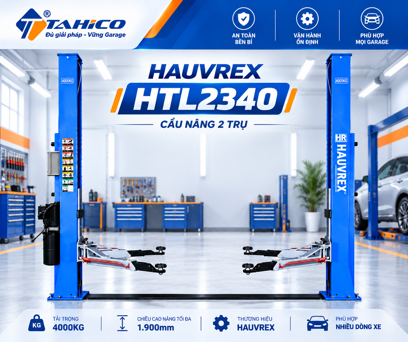 Cầu nâng 2 trụ cáp dưới Hauvrex HTL2340 – Tải trọng 4 tấn
