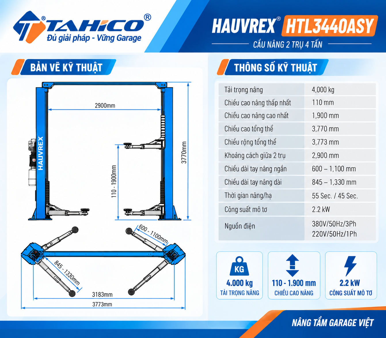Cầu nâng 2 trụ cáp trên Hauvrex HTL3440ASY