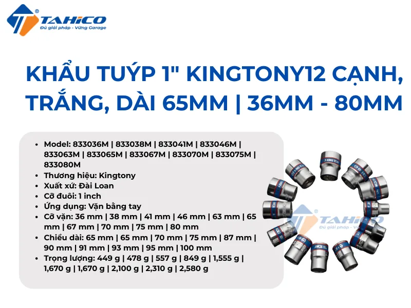 Hình ảnh sản phẩm Khẩu tuýp 1inch Kingtony 12 cạnh, Trắng, Dài 65mm | 36mm - 80mm
