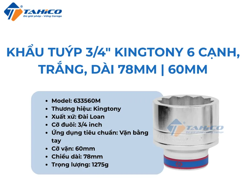 Hình ảnh sản phẩm Khẩu tuýp 3/4inch Kingtony 6 cạnh, Trắng, Dài 78mm | 58mm 60mm