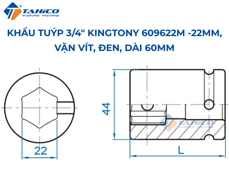 Hình ảnh sản phẩm Khẩu tuýp 3/4" Kingtony 609622M - 22mm, Vặn vít, Đen, Dài 60mm