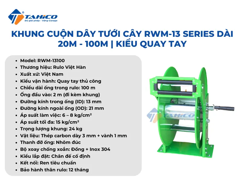 Khung và Rulo cuộn dây tưới cây RWM-13 Series dài 20m - 100m | Kiểu quay tay