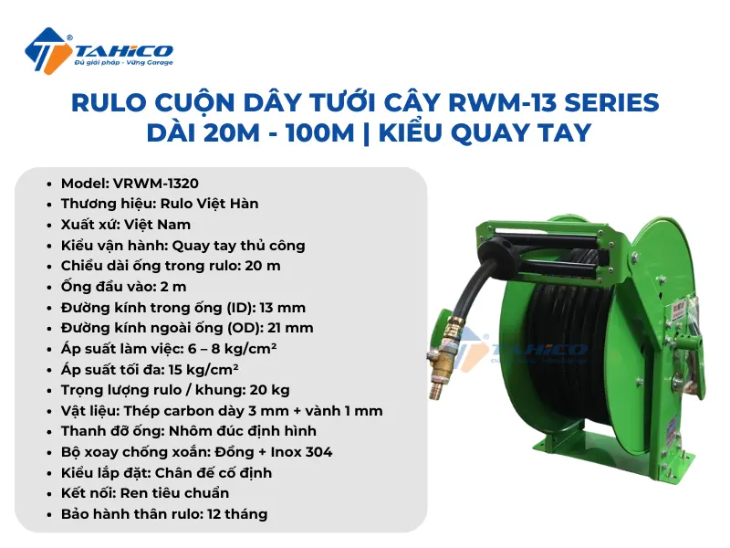 Khung và Rulo cuộn dây tưới cây RWM-13 Series dài 20m - 100m | Kiểu quay tay