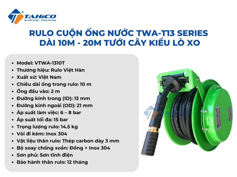 Khung và Rulo cuộn ống nước TWA-T13 Series dài 10m - 20m tưới cây kiểu lò xo
