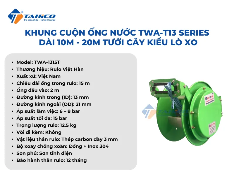 Khung và Rulo cuộn ống nước TWA-T13 Series dài 10m - 20m tưới cây kiểu lò xo