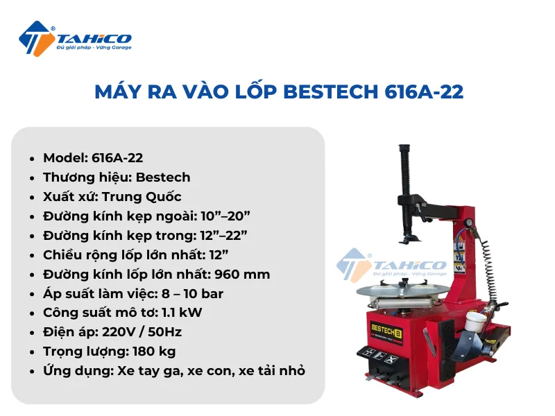 Máy ra vào lốp Bestech B-616A | Xe tay ga, xe con, tải nhỏ