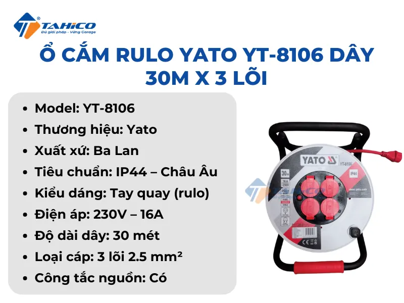 Ổ cắm rulo YATO YT-8106 dây 30M x 3 lõi