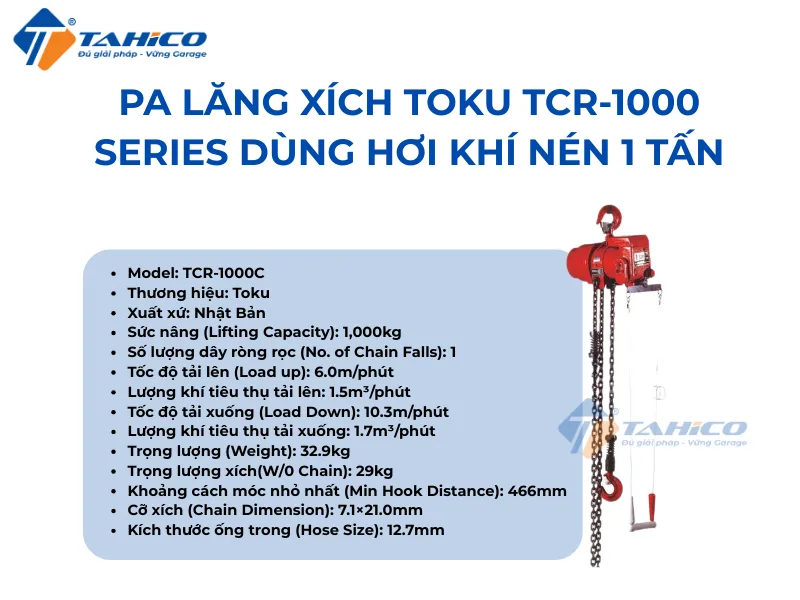 Hình ảnh sản phẩm Pa lăng xích Toku TCR-1000 Series dùng hơi khí nén 1 tấn