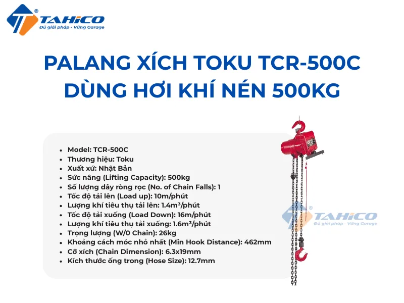 Hình ảnh sản phẩm Palang xích Toku TCR-500C, TCR-500PE dùng hơi khí nén 500kg