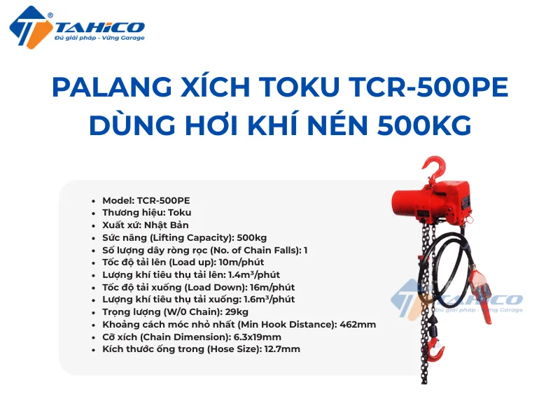 Hình ảnh sản phẩm Palang xích Toku TCR-500C, TCR-500PE dùng hơi khí nén 500kg