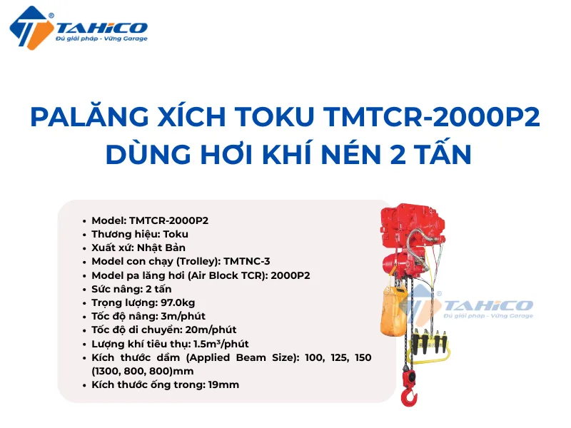 Hình ảnh sản phẩm Palăng xích Toku TMTCR-2000P2 dùng hơi khí nén 2 tấn
