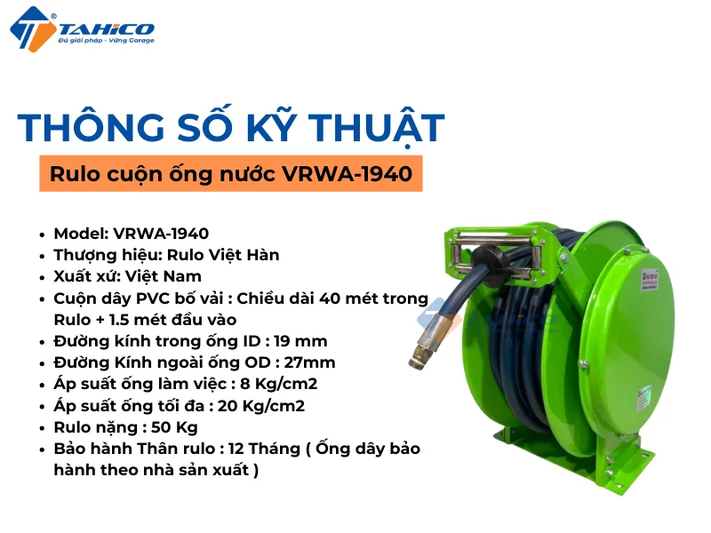Rulo cuộn ống nước VRWA-19 Series dài 15m – 50m | Kiểu lò xo tự cuộn