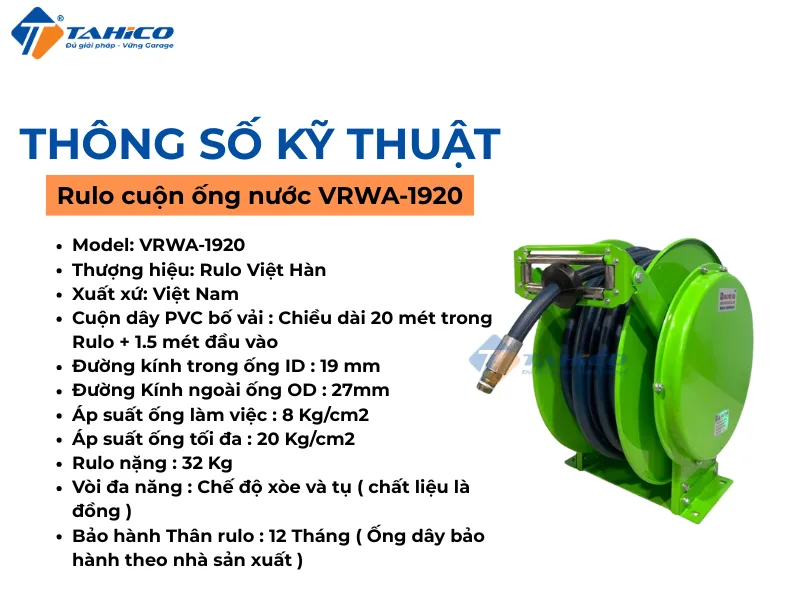 Rulo cuộn ống nước VRWA-19 Series dài 15m – 50m | Kiểu lò xo tự cuộn