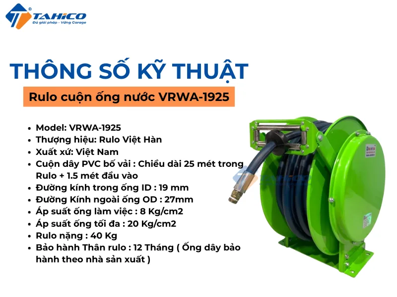 Rulo cuộn ống nước VRWA-19 Series dài 15m – 50m | Kiểu lò xo tự cuộn