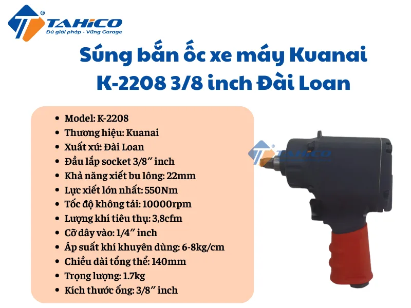 Hình ảnh sản phẩm Súng bắn ốc xe máy Kuanai K-2208 3/8 inch Đài Loan