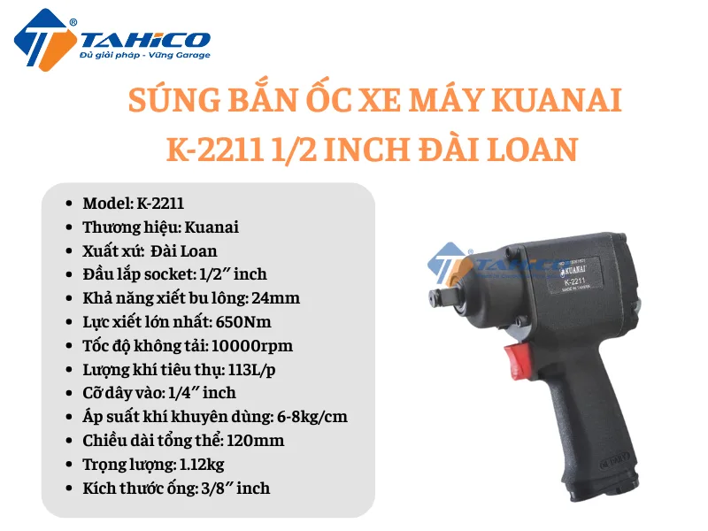 Hình ảnh sản phẩm Súng bắn ốc xe máy Kuanai K-2211, K2008 1/2 inch Đài Loan | Dùng hơi ,Dùng hơi khí nén