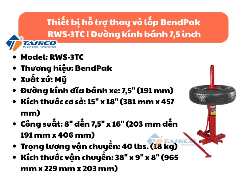 Thiết bị hỗ trợ thay vỏ lốp BendPak RWS-3TC | Đường kính bánh 7,5 inch