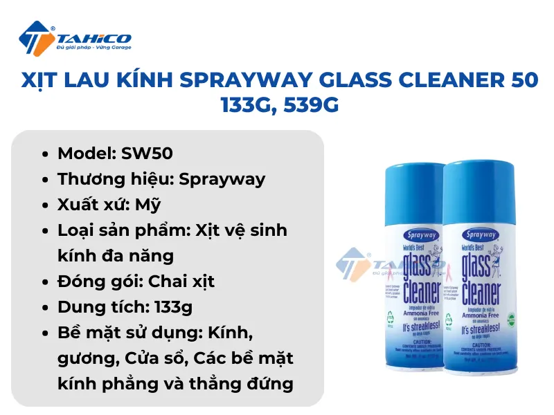 Xịt lau kính Sprayway Glass Cleaner 50 133g, 539g