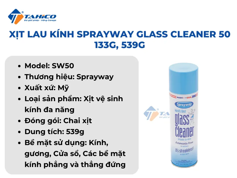 Xịt lau kính Sprayway Glass Cleaner 50 133g, 539g