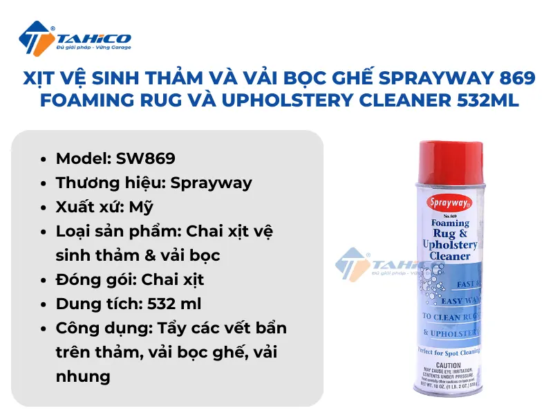 Xịt vệ sinh thảm và vải bọc ghế Sprayway 869 Foaming Rug và Upholstery Cleaner 532ml