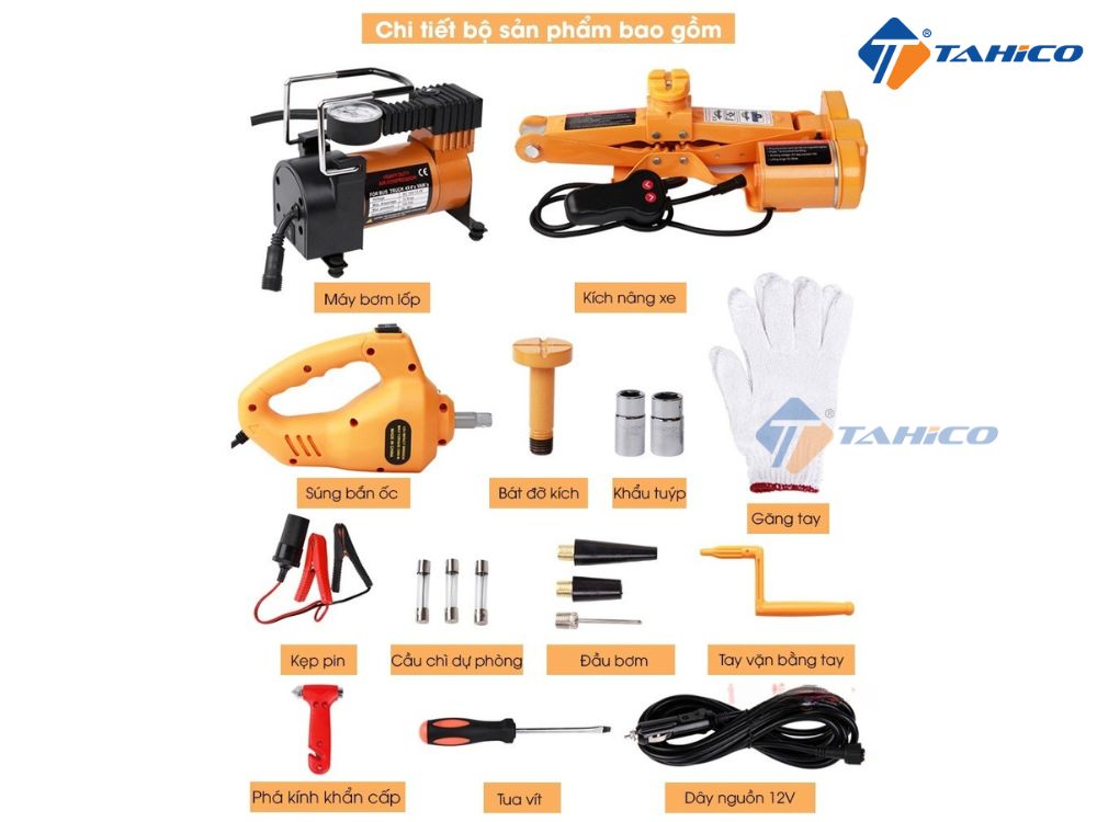 Bộ cứu hộ lốp 3in1 OEM GXE03 12V | Kích nâng cắt kéo, súng bắn ốc và máy bơm lốp