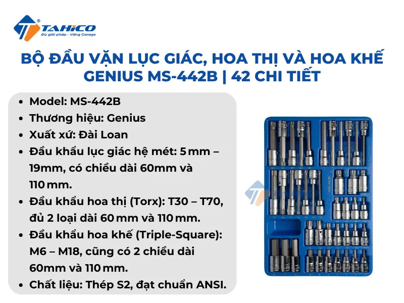 Bộ đầu vặn lục giác, hoa thị và hoa khế Genius MS-442B | 42 chi tiết