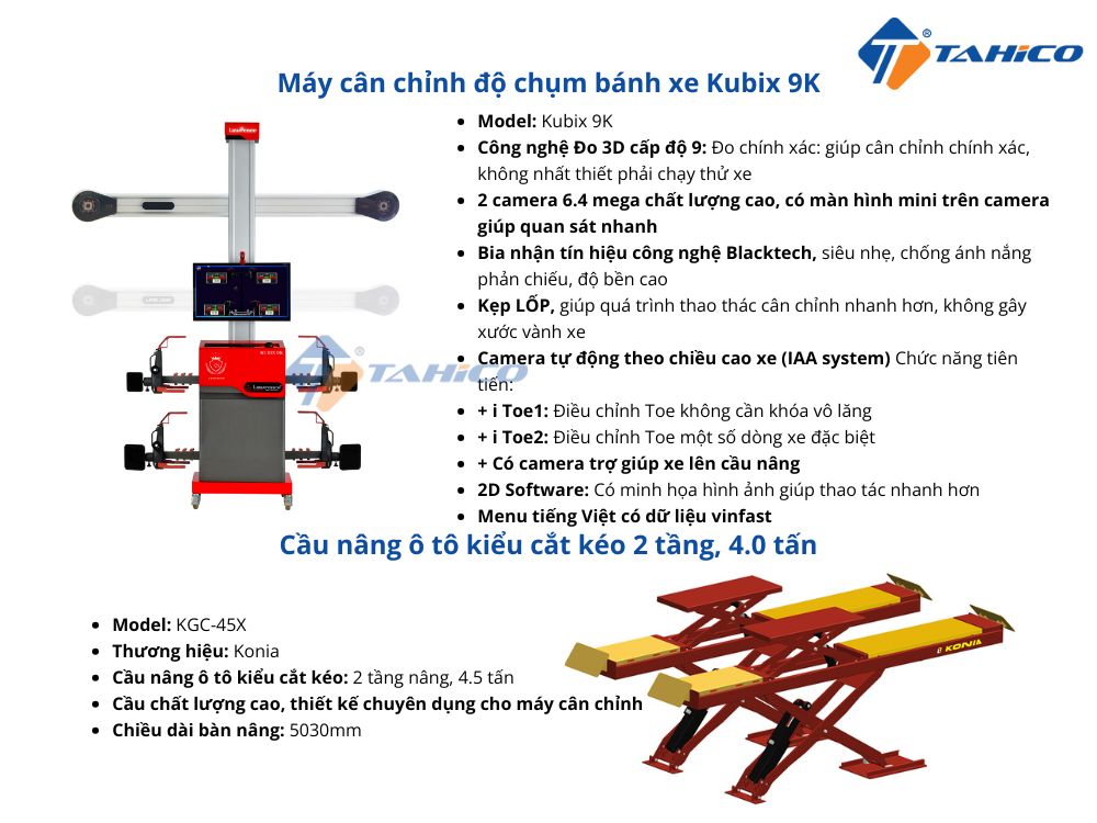 Thông số kỹ thuật bộ máy cân chỉnh độ chụm bánh xe Kubix 9K và cầu cắt kéo