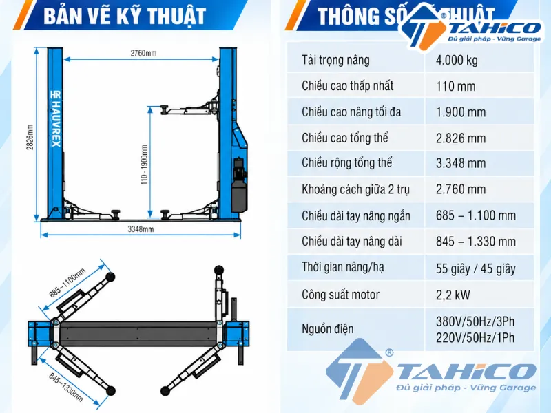 Bản vẽ và Thông số kỹ thuật của sản phẩm Cầu nâng 2 trụ cáp dưới Hauvrex HTL2440C.