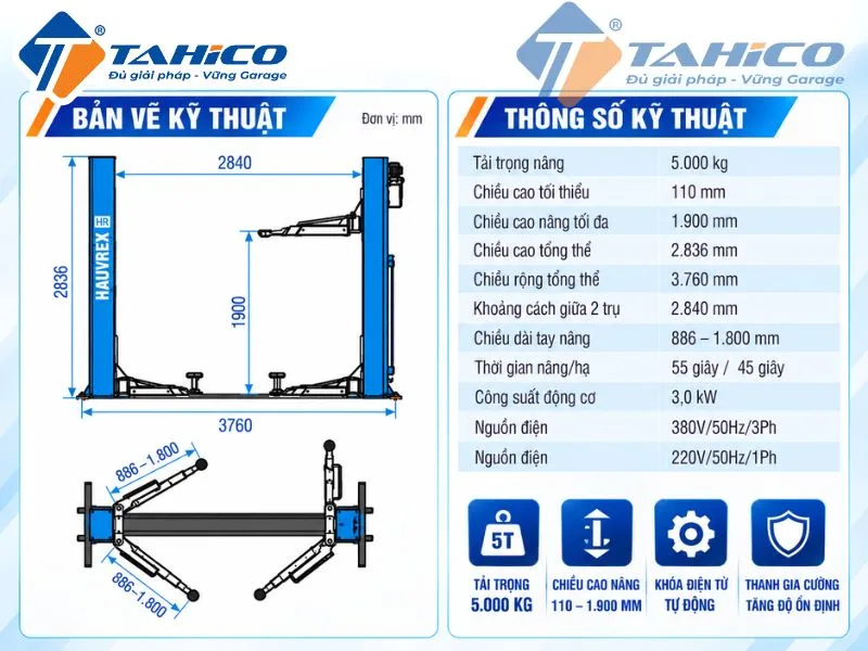 Bản vẽ và Thông số kỹ thuật sản phẩm Cầu nâng 2 trụ cáp dưới Hauvrex HTL2850.