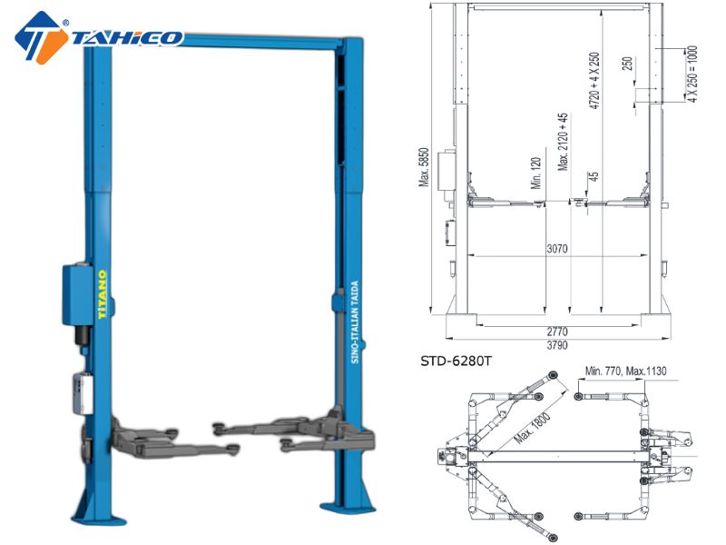 Thông số kỹ thuật và bãn vẽ cầu nâng 2 trụ cáp trên 8 tấn STD-6280T