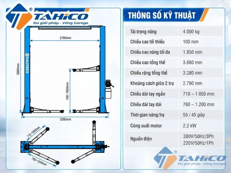 Bản vẽ và Thông số kỹ thuật sản phẩm Cầu nâng 2 trụ cáp trên Hauvrex HTL3040.