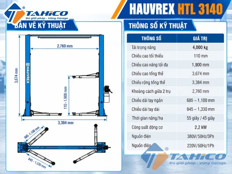 Bản vẽ và Thông số kỹ thuật sản phẩm Cầu nâng 2 trụ cáp trên Hauvrex HTL3140.