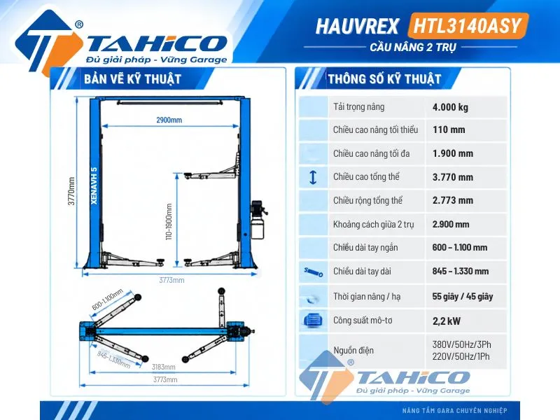 Cầu nâng 2 trụ cáp trên Hauvrex HTL3140ASY