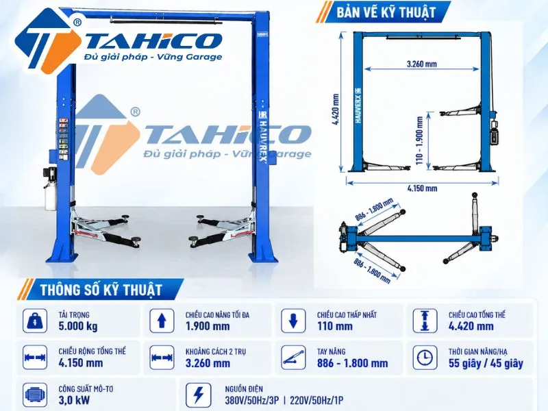 Bản vẽ và Thông số kỹ thuật sản phẩm Cầu nâng 2 trụ cáp trên Hauvrex HTL3150(DD).