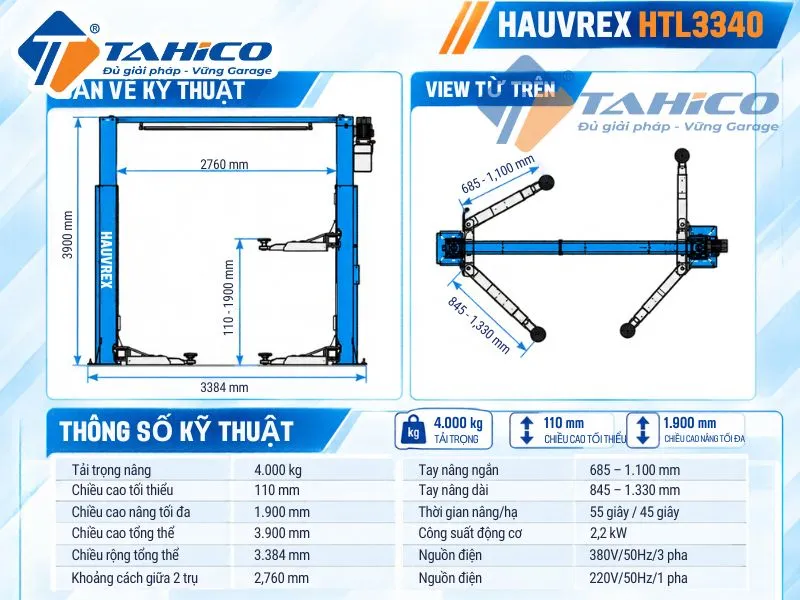 Bản vẽ và Thông số kỹ thuật sản phẩm Cầu nâng 2 trụ cáp trên Hauvrex HTL3340.
