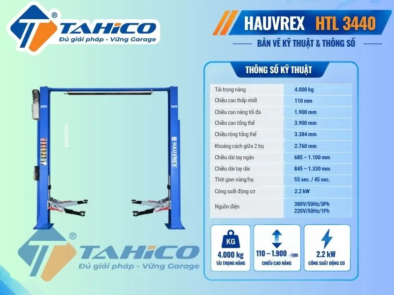 Thông số kỹ thuật sản phẩm Cầu nâng 2 trụ cáp trên Hauvrex HTL3440.
