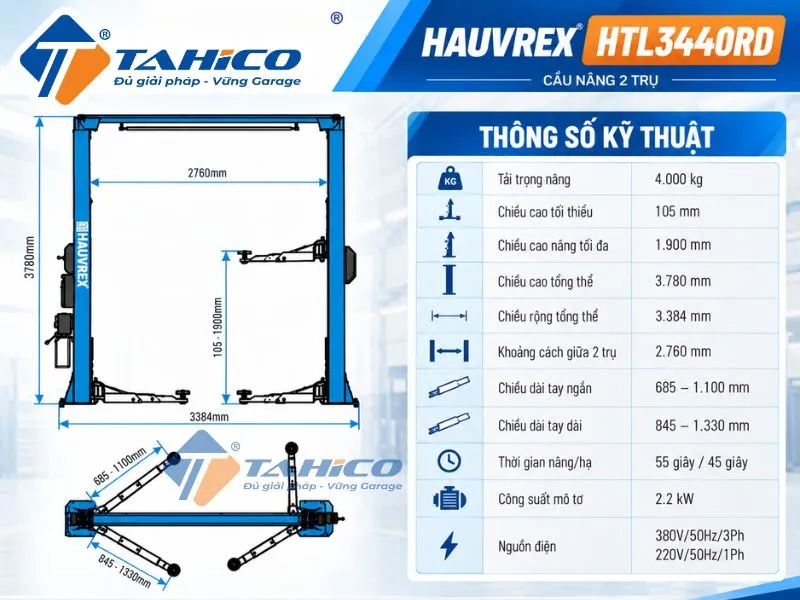 Bản vẽ và Thông số kỹ thuật của sản phẩm Cầu nâng 2 trụ cáp trên Hauvrex HTL3440RD.