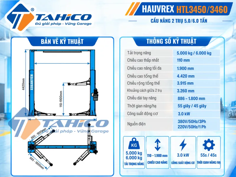 Cầu nâng 2 trụ cáp trên Hauvrex HTL3450/HTL3460